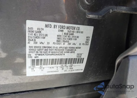 2024 Ford Explorer Xlt z USA, uszkodzony, nr VIN 1FMSK7DH4RGA62674